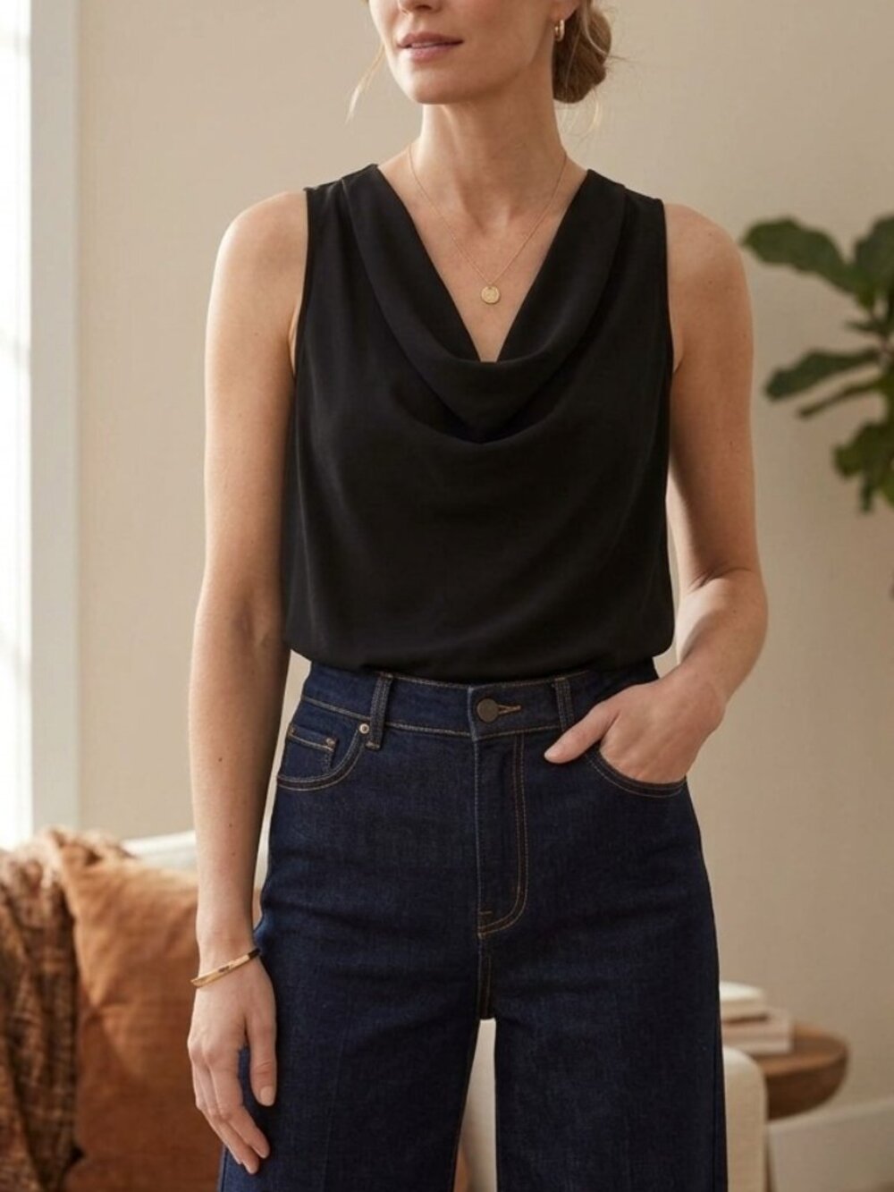 Banana Republic Draped Cowl Neck Sleeveless Black Top